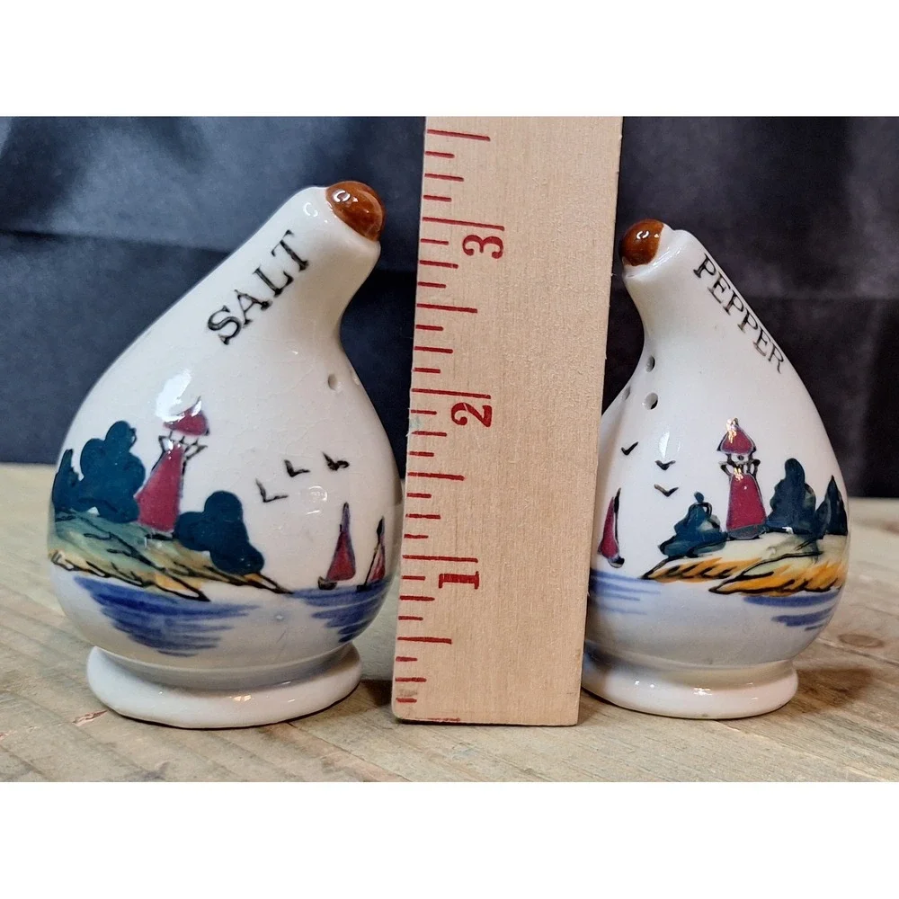 Vintage Nautical Lighthouse Sailboat Ceramic Salt and Pepper Shakers Set Corks